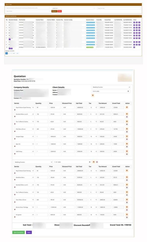 Venue Event management system for quotation