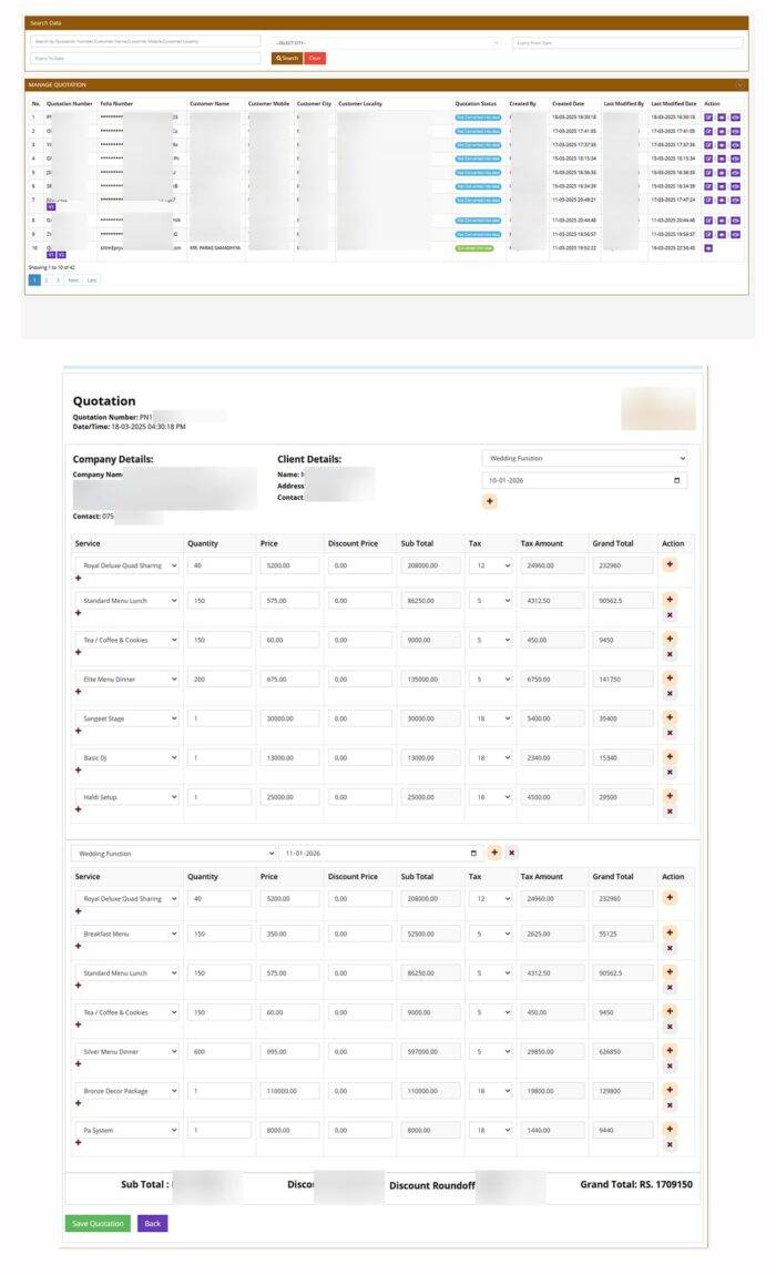 Venue Event management system for quotation