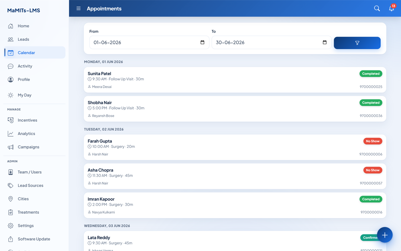 Appointment scheduling calendar in MaMITs LMS showing slot-based bookings with WhatsApp confirmation status for an Indian clinic