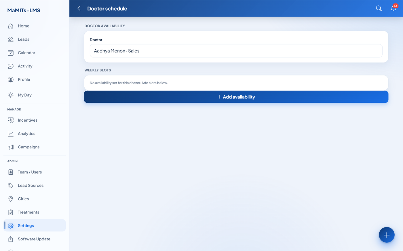 Doctor and consultant schedule management in MaMITs LMS showing weekly availability, slot duration and leave settings per provider