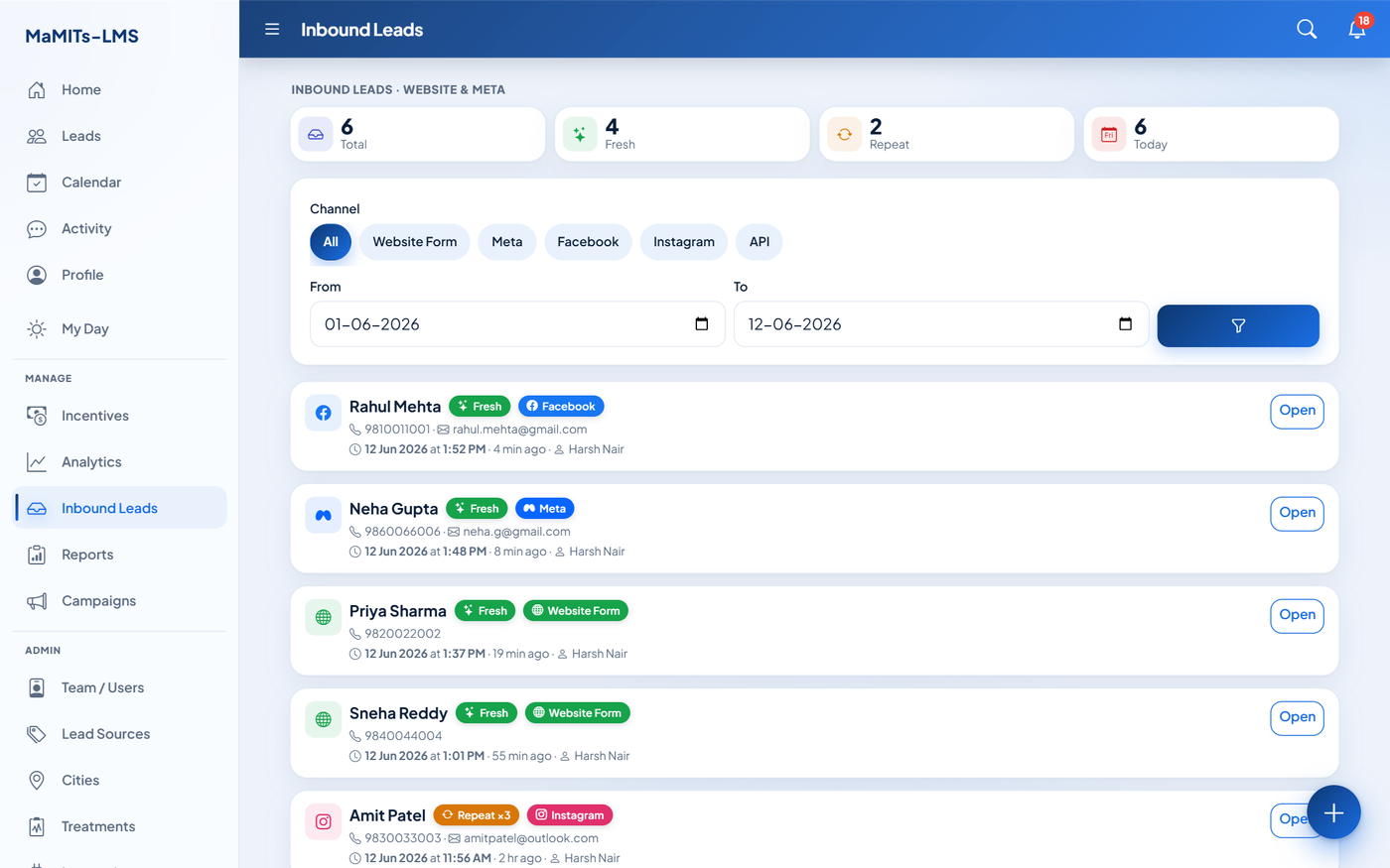 MaMITs LMS inbound leads inbox showing leads auto-captured from Facebook, Instagram, Meta and website forms, each tagged Fresh or Repeat with its channel and the exact date and time it arrived
