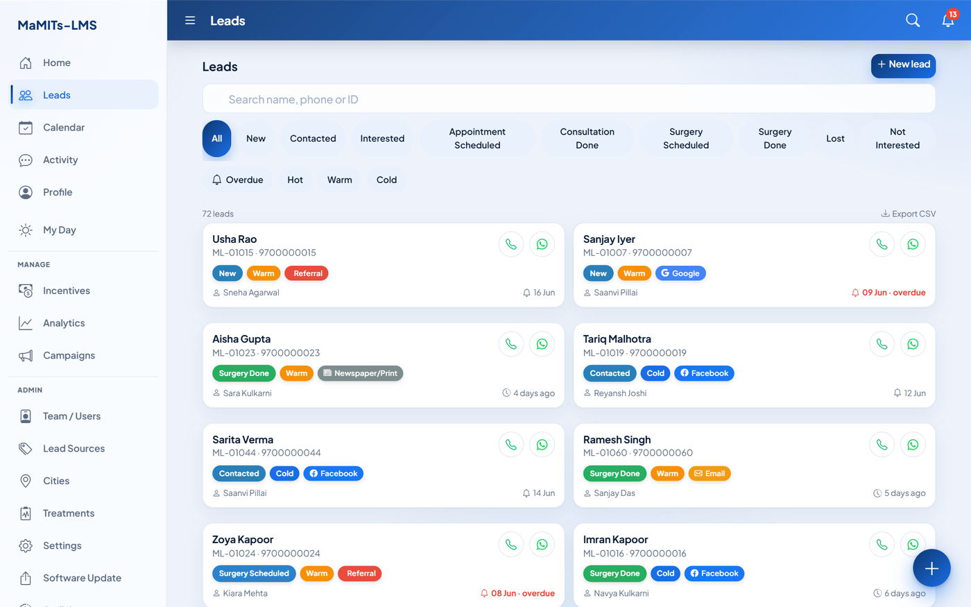 Lead list screen in MaMITs LMS showing leads captured from website, Facebook, IndiaMART and walk-in with AI Hot, Warm and Cold scoring labels