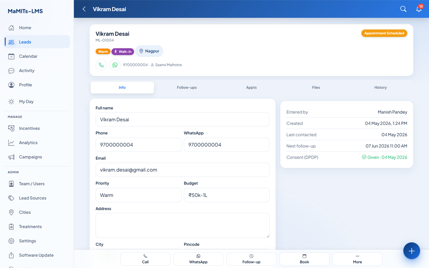 Lead profile timeline in MaMITs LMS showing complete history of calls, WhatsApp messages, quotations and appointments for one customer