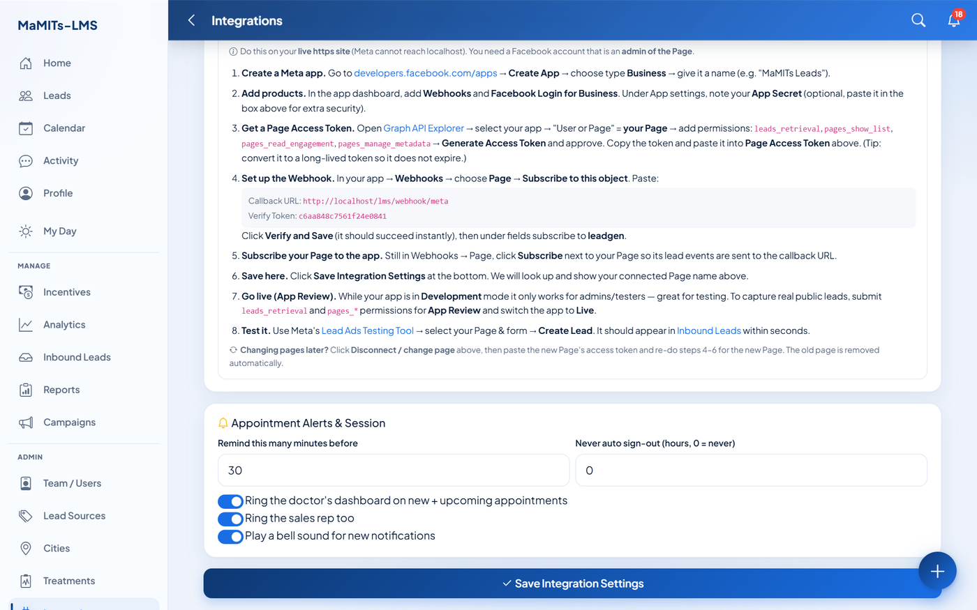 Step-by-step in-app guide in MaMITs LMS for connecting a Facebook and Instagram page to capture Meta Lead Ads, plus real-time appointment alert settings