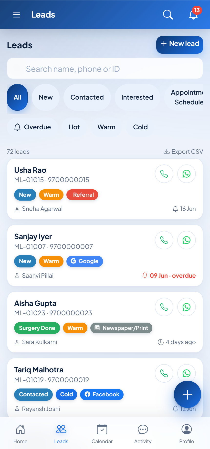 Mobile lead list in MaMITs LMS with one-tap call, WhatsApp and follow-up actions on each lead card