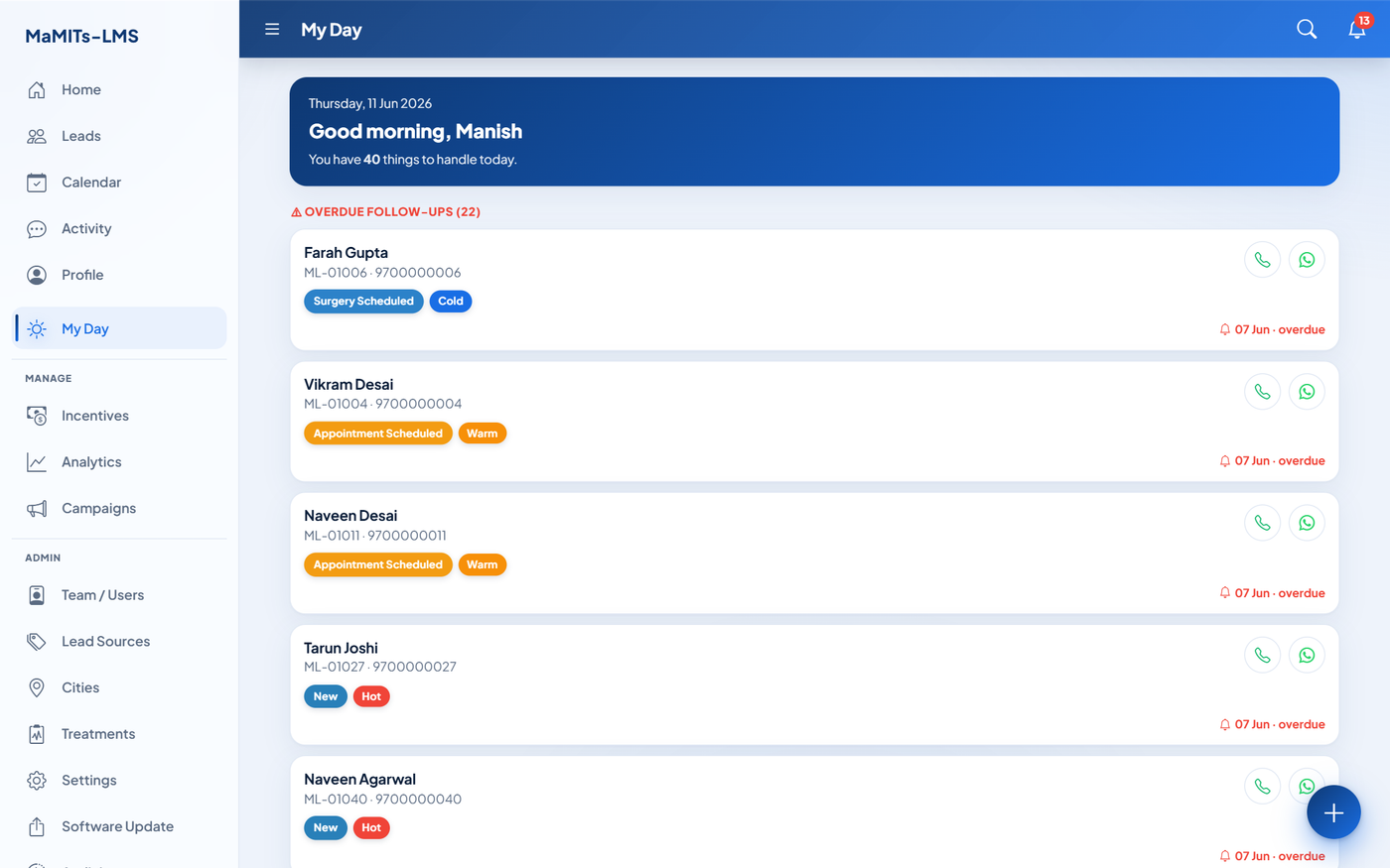 My Day screen in MaMITs LMS lead management software listing today's follow-up calls, overdue leads and appointments sorted by priority