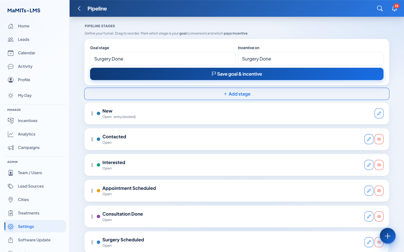 Drag and drop sales pipeline builder in MaMITs LMS with customizable stages for clinics, real estate and coaching businesses