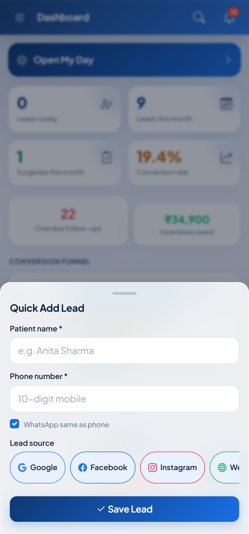Quick Add lead form in the MaMITs LMS mobile app capturing a walk-in customer's name, phone and requirement in 10 seconds