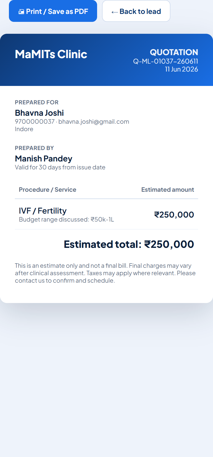 Mobile quotation and GST invoice screen in MaMITs LMS showing one-tap quote creation and WhatsApp sharing