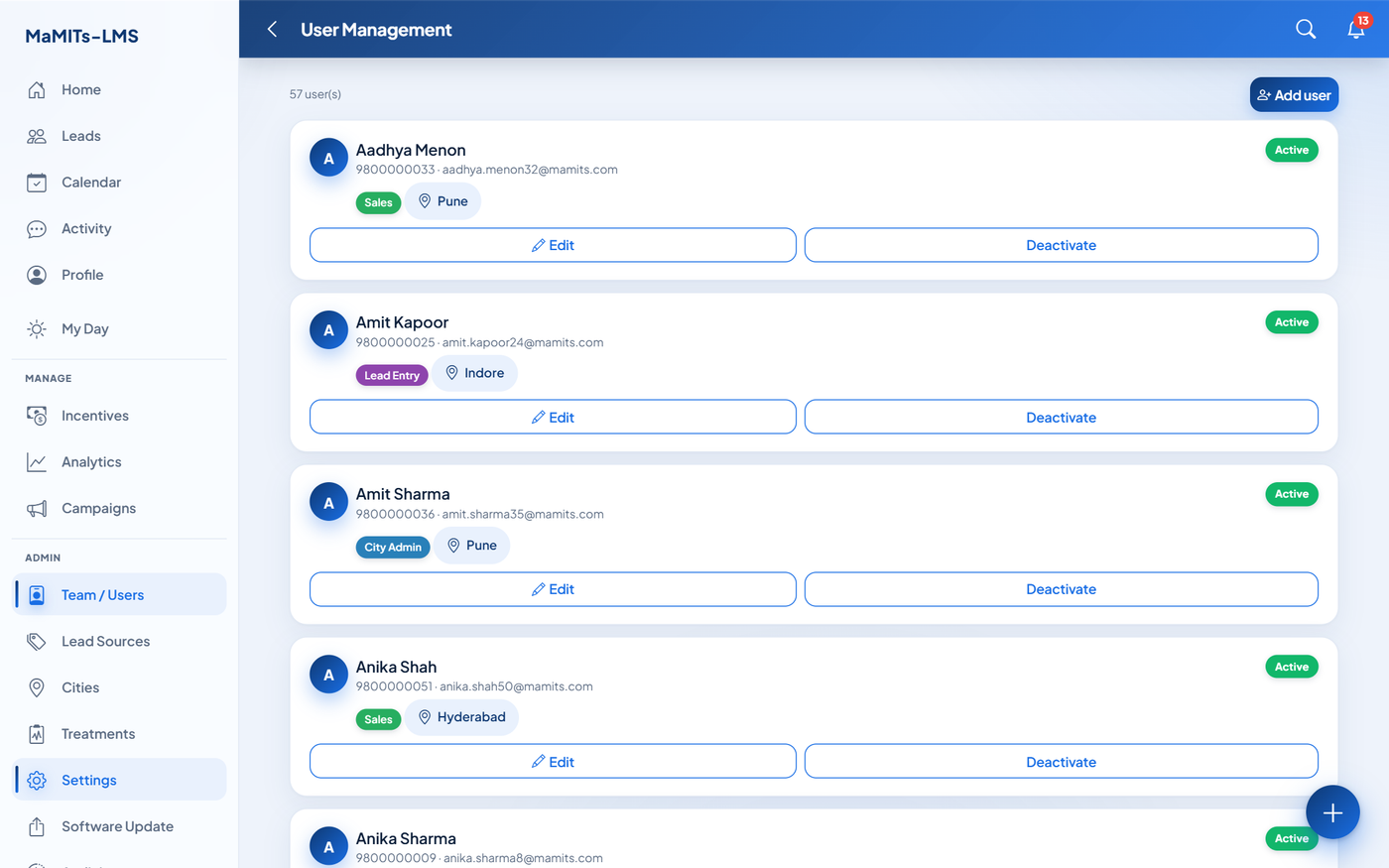 Team and provider management screen in MaMITs LMS showing staff roles, doctor schedules and permission settings