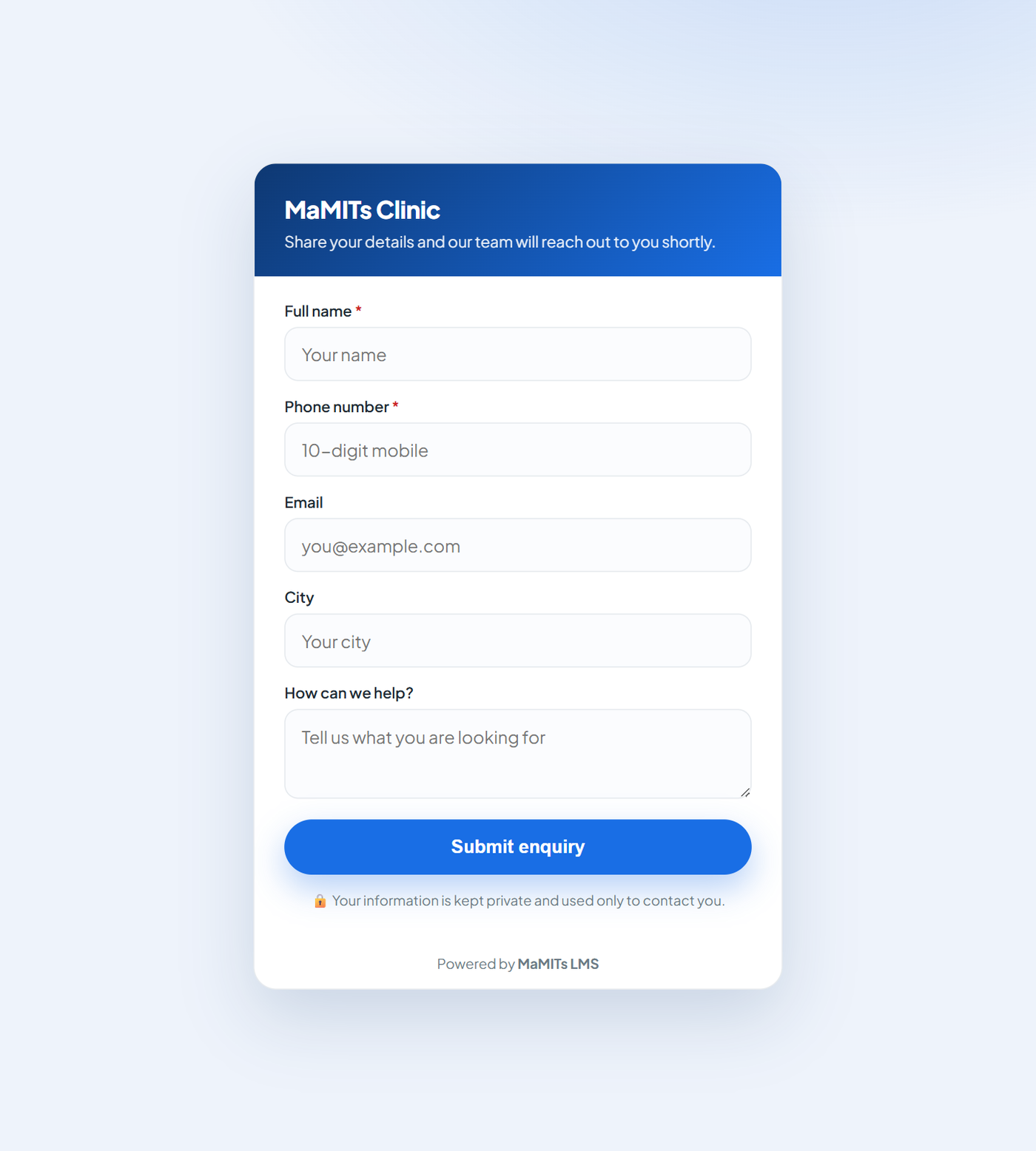 MaMITs LMS embeddable website lead-capture form with name, phone, email, city and message fields, branded for a clinic and ready to paste on any website or Facebook bio