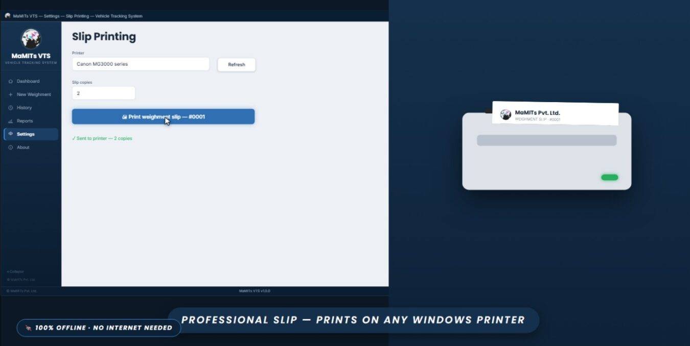 MaMITs VTS Settings Slip Printing Vehicle Tracking System