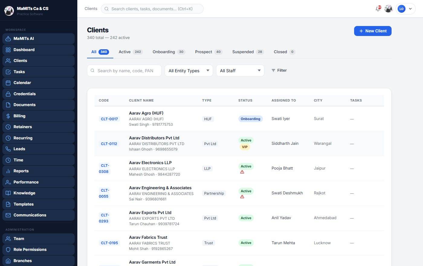 CA client management software - client list and profile in MaMITs CA & CS software CA client management software screen showing a searchable client list and detailed profile with GSTIN, PAN and services for each client