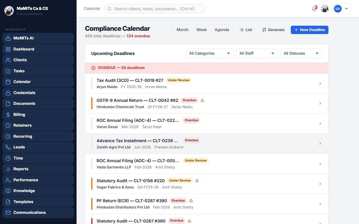 Compliance calendar screenshot - MaMITs CA & CS software CA compliance calendar screenshot with colour coded GST, TDS and ROC deadlines