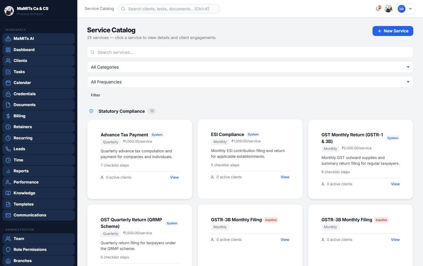 CA and CS service templates for Indian compliance - GST, ITR, TDS, ROC and payroll Ready made service templates for GST, ITR, TDS, ROC, PF, ESI and payroll in MaMITs CA and CS software