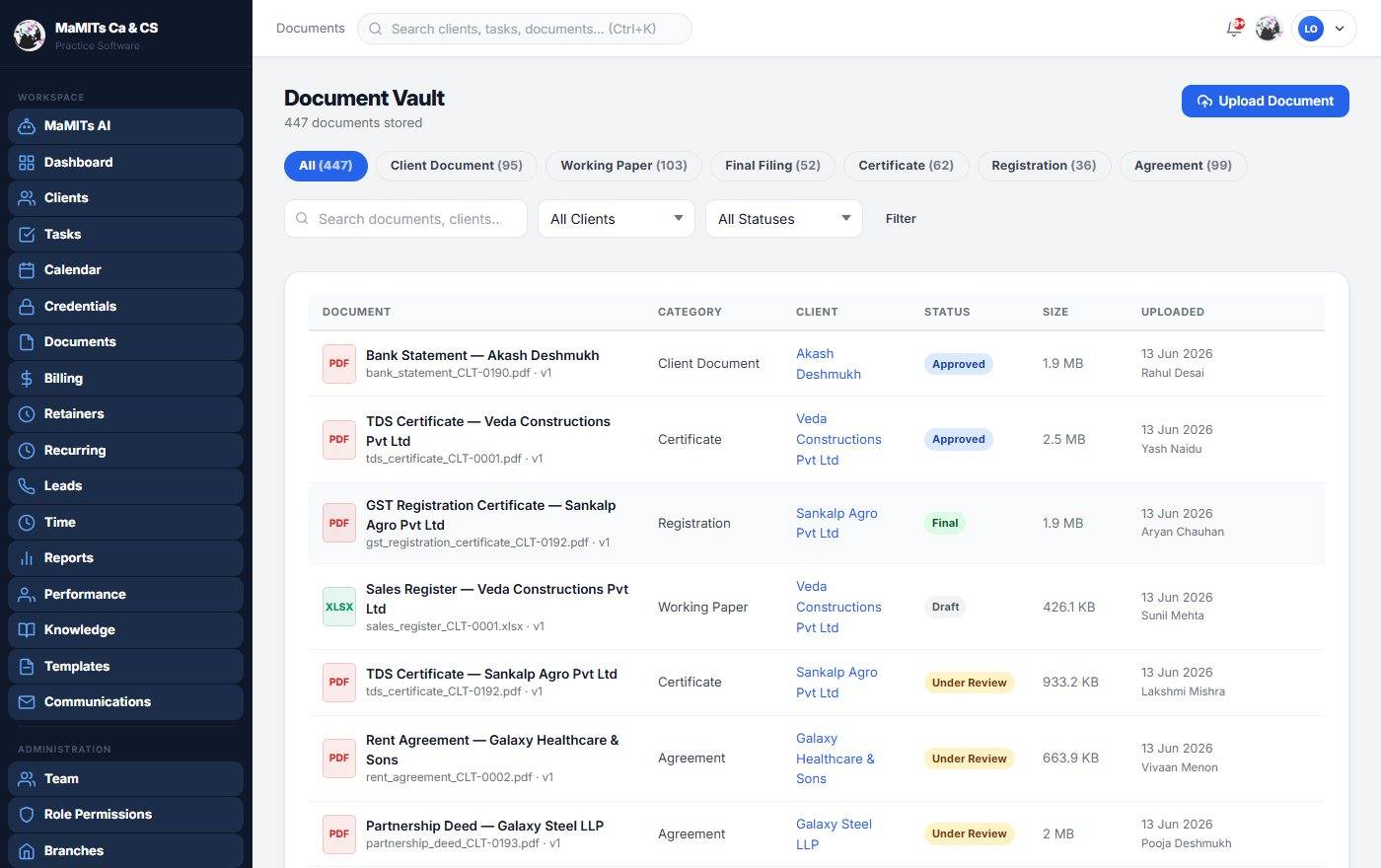 CA document management and e-sign software in MaMITs CA & CS platform CA document management and e-sign software showing versioned client documents and secure upload requests