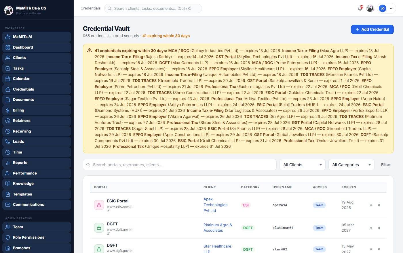 Encrypted client password vault for CA firms - MaMITs CA & CS software Encrypted client credentials vault in MaMITs CA software storing GST, income tax, MCA and TRACES logins securely