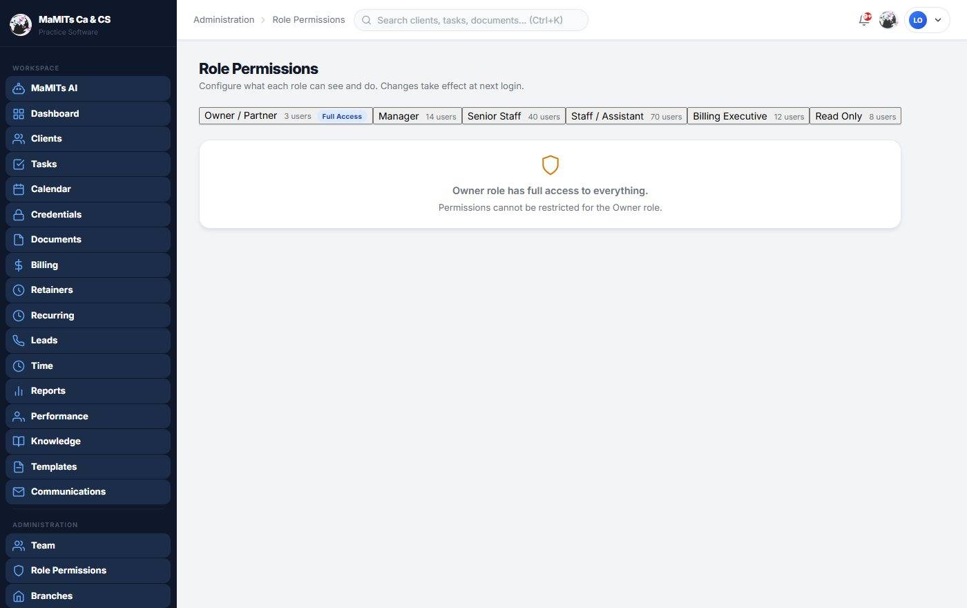 Team roles, permissions and audit log in MaMITs CA & CS software CA firm team roles and audit log software with role based permissions and a record of key actions across branches