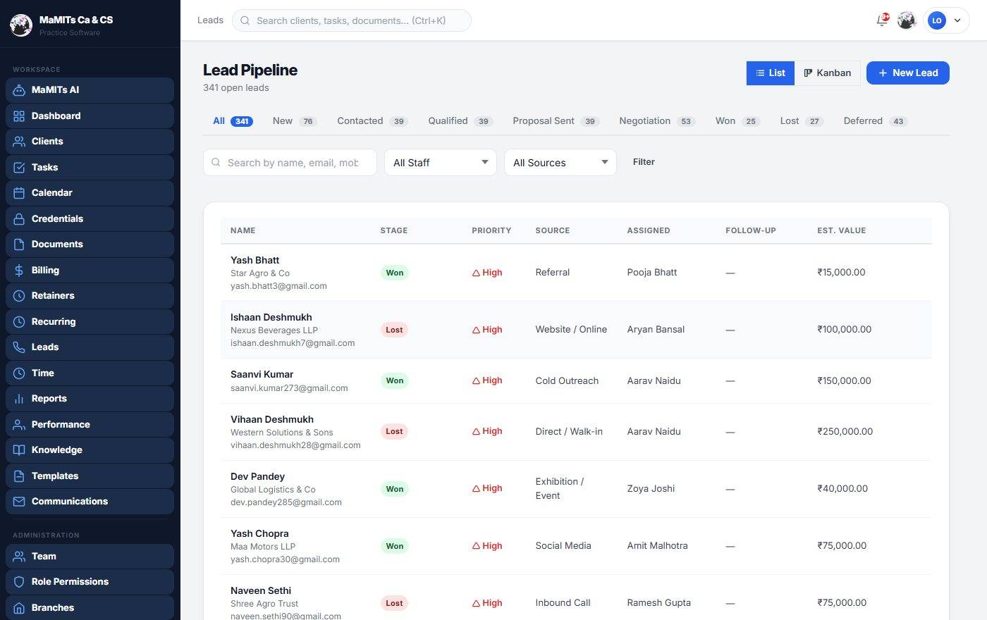 Lead pipeline and onboarding in MaMITs CA & CS practice management software CA practice lead pipeline software showing enquiries moving through stages from new lead to converted client with portal access