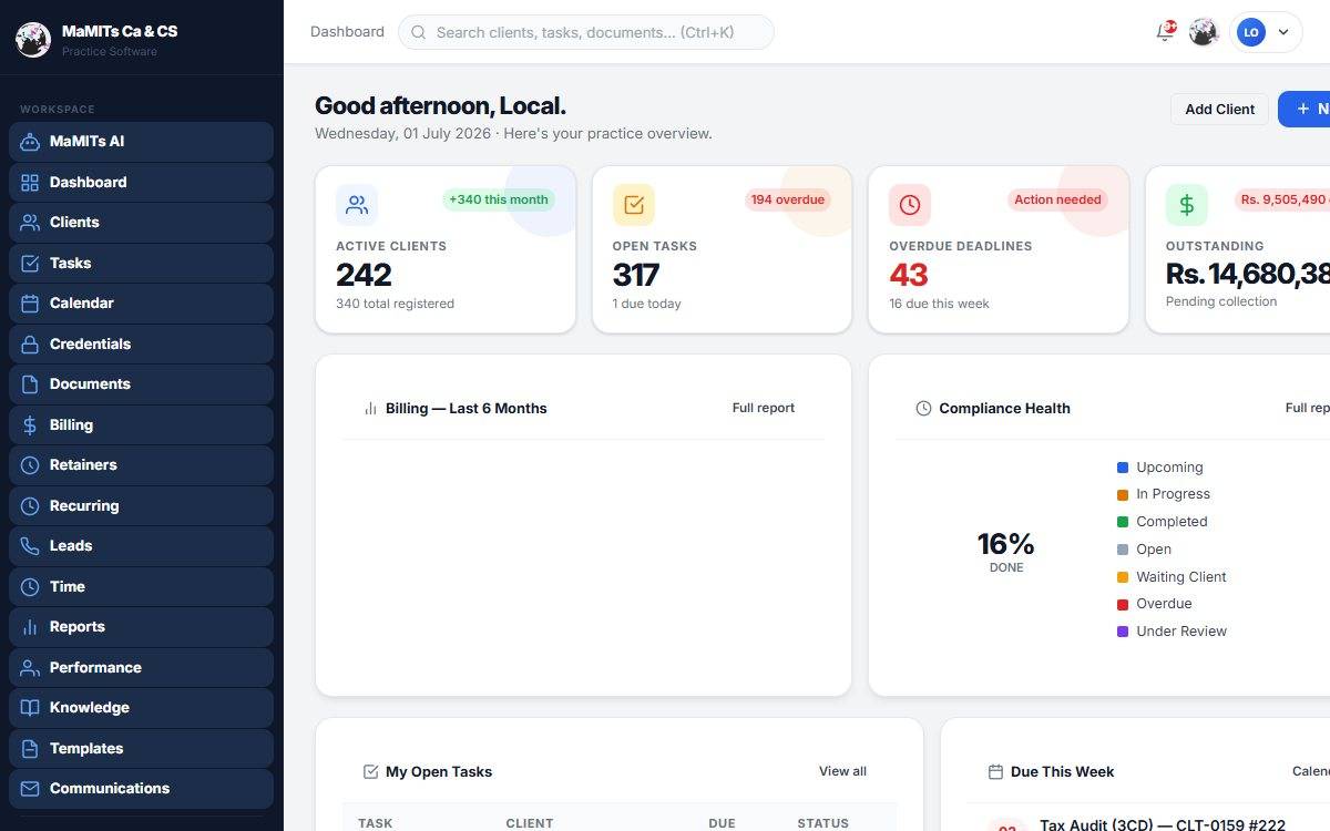 CA practice management dashboard screenshot - MaMITs CA & CS software CA practice management software dashboard screenshot showing the whole firm at a glance