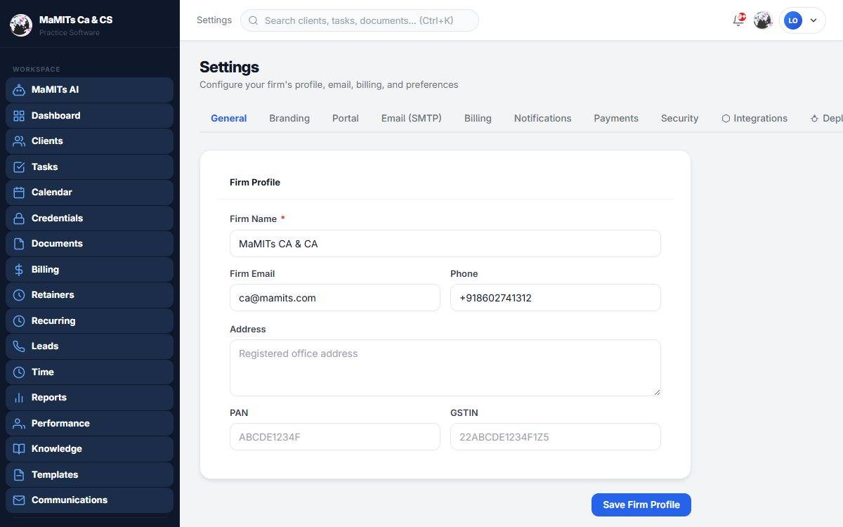 Settings screenshot - MaMITs CA & CS software CA software settings screenshot for branding, branches, roles and automation