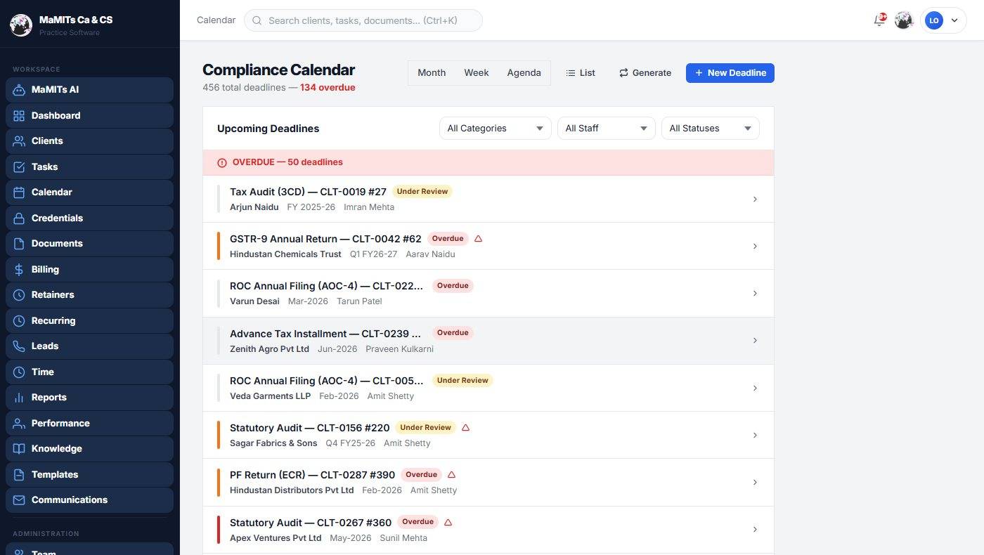 GST compliance deadline tracker and calendar for CA firms - MaMITs CA & CS software GST compliance deadline tracker calendar in MaMITs software showing colour coded due dates for GSTR-3B, TDS and ROC filings