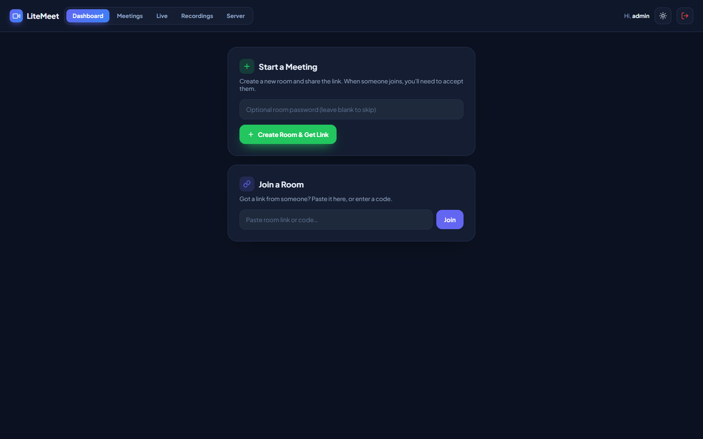 LiteMeet admin dashboard to create a meeting room and copy the invite link
