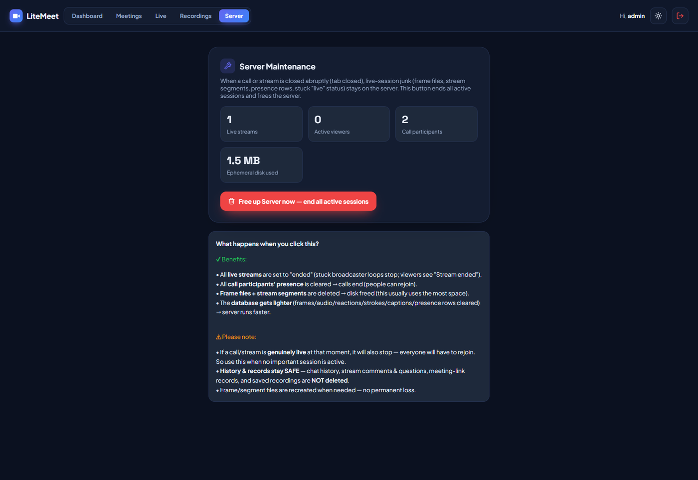 LiteMeet server maintenance page, your data stays on your own server