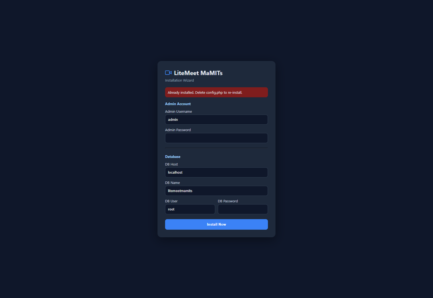 LiteMeet five minute install wizard on shared PHP and MySQL hosting