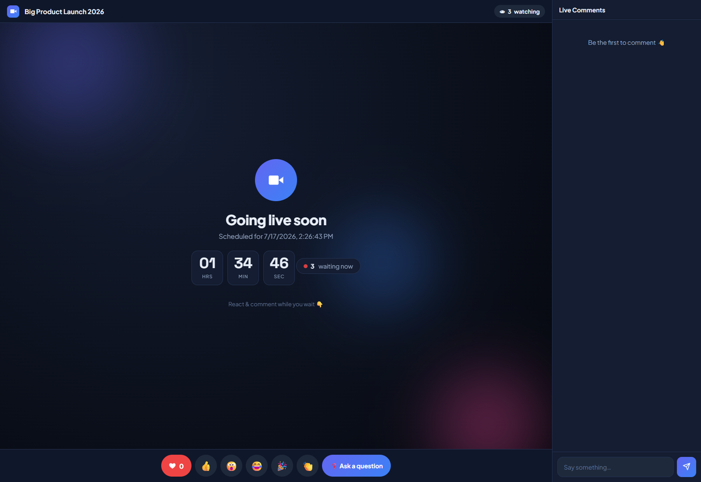 LiteStream animated countdown waiting room before a scheduled live stream
