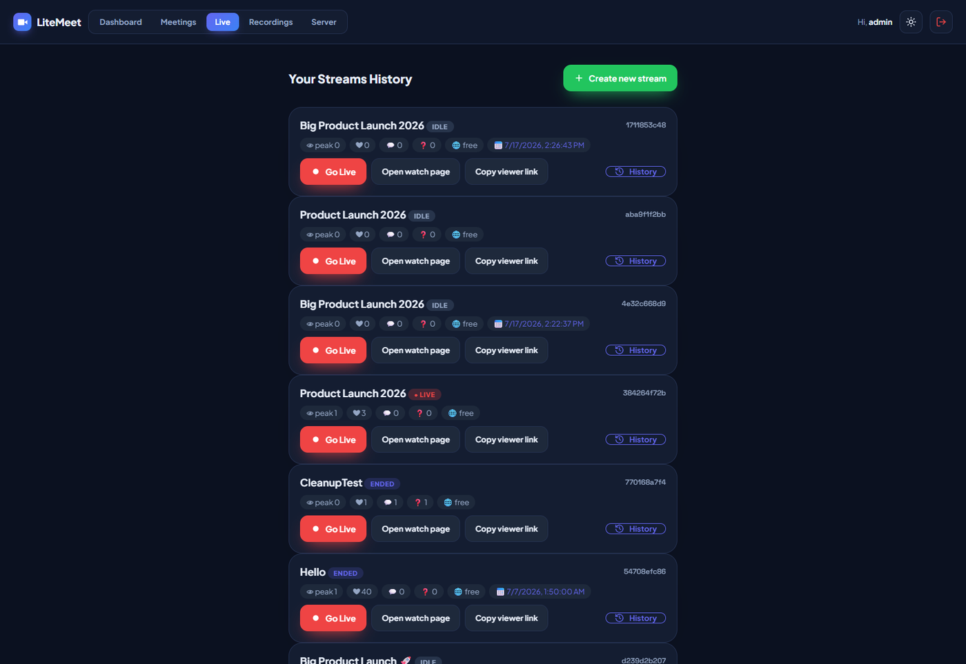 LiteStream streams history page with per stream stats