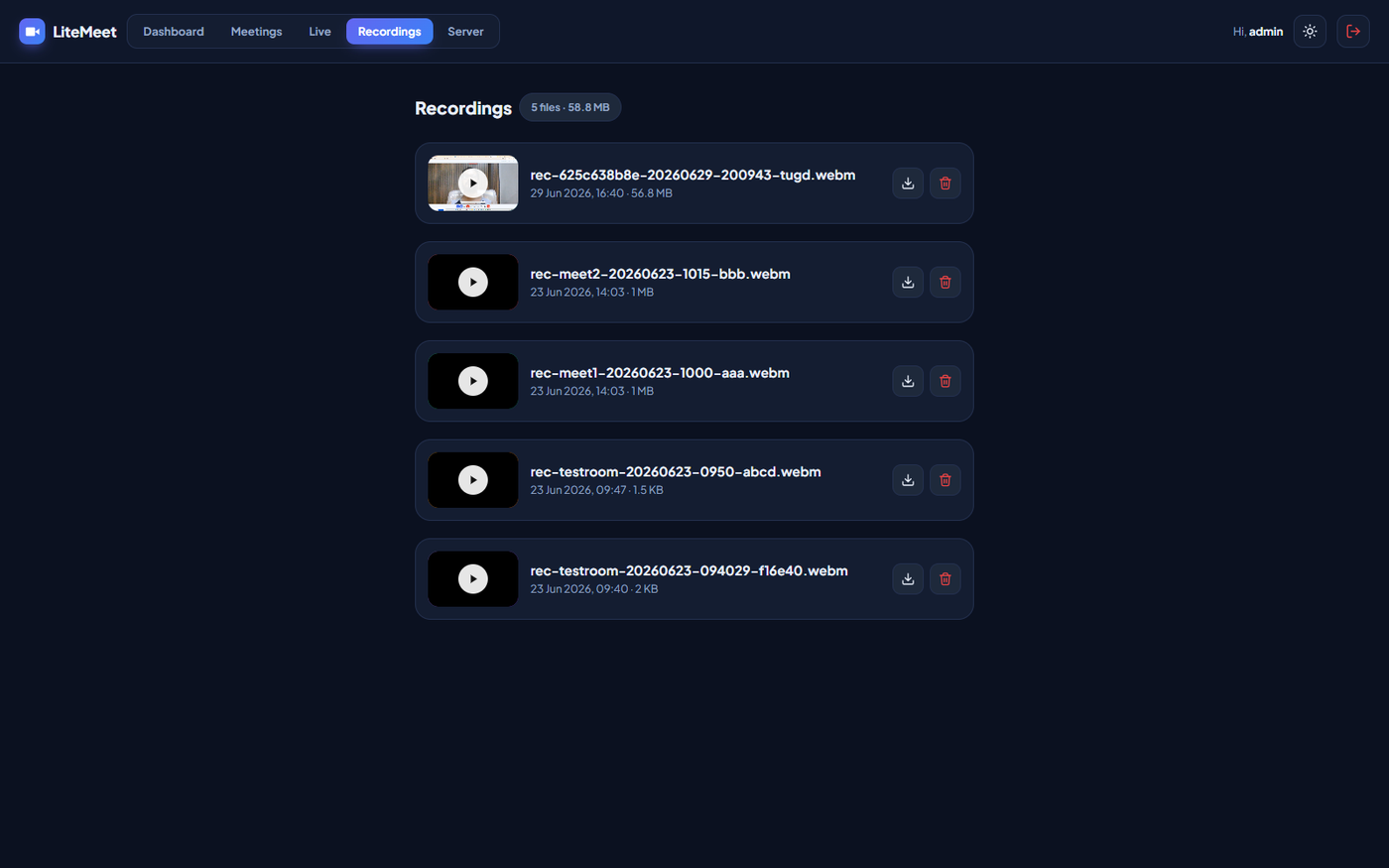 LiteMeet self-hosted meeting recordings library on your own server
