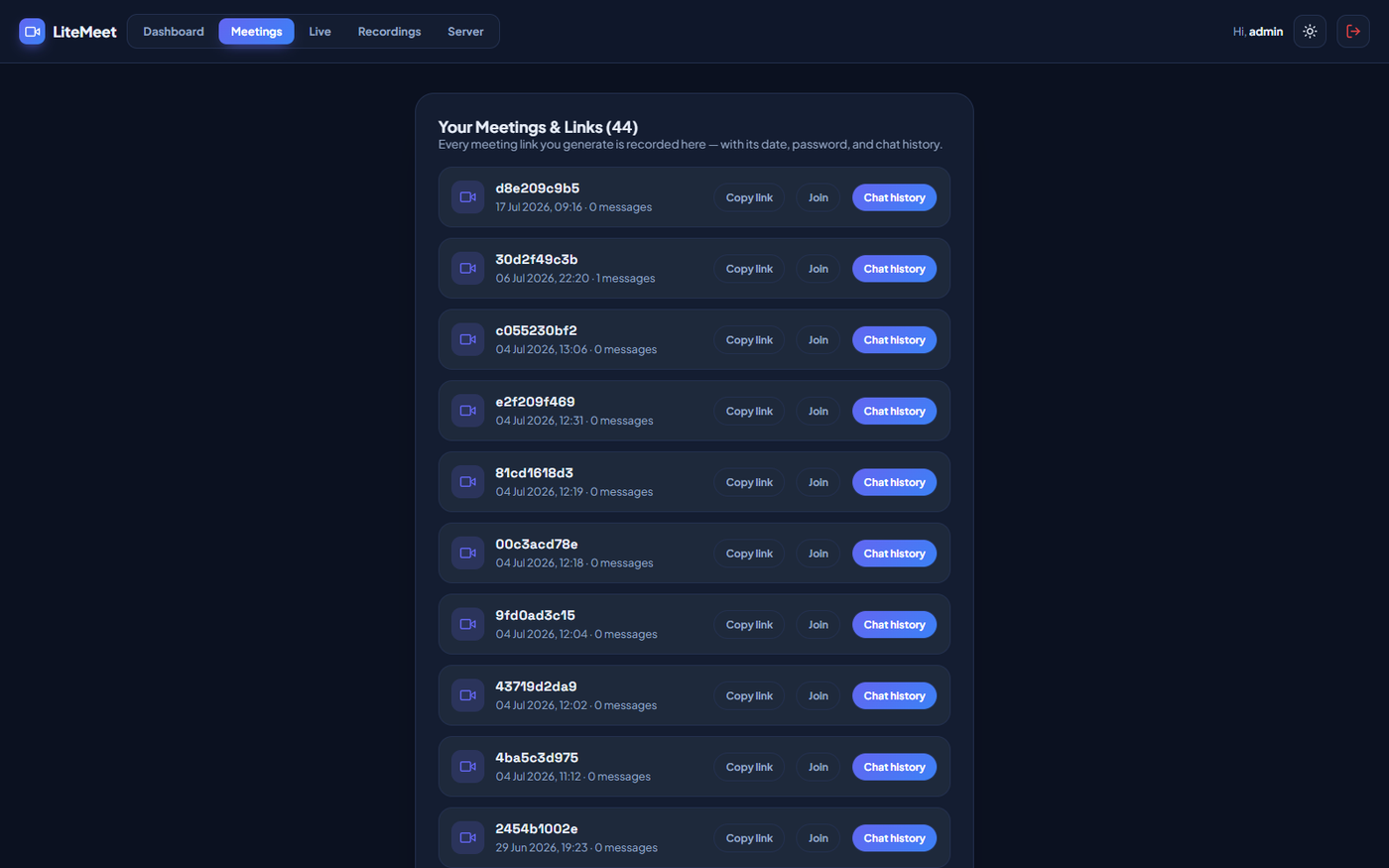 LiteMeet meetings menu with meeting link records and full chat history
