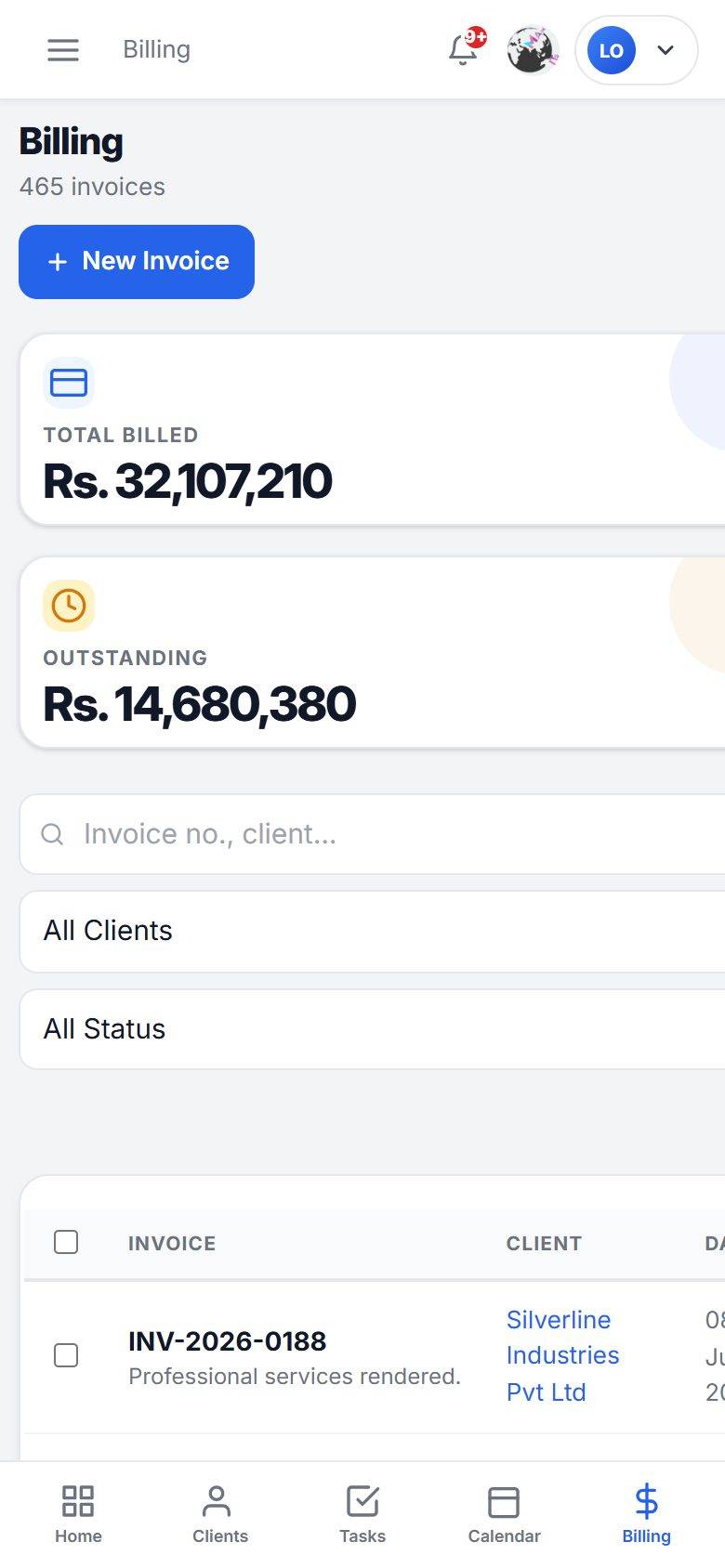 MaMITs CA and CS software mobile app billing and invoices screen on a phone
