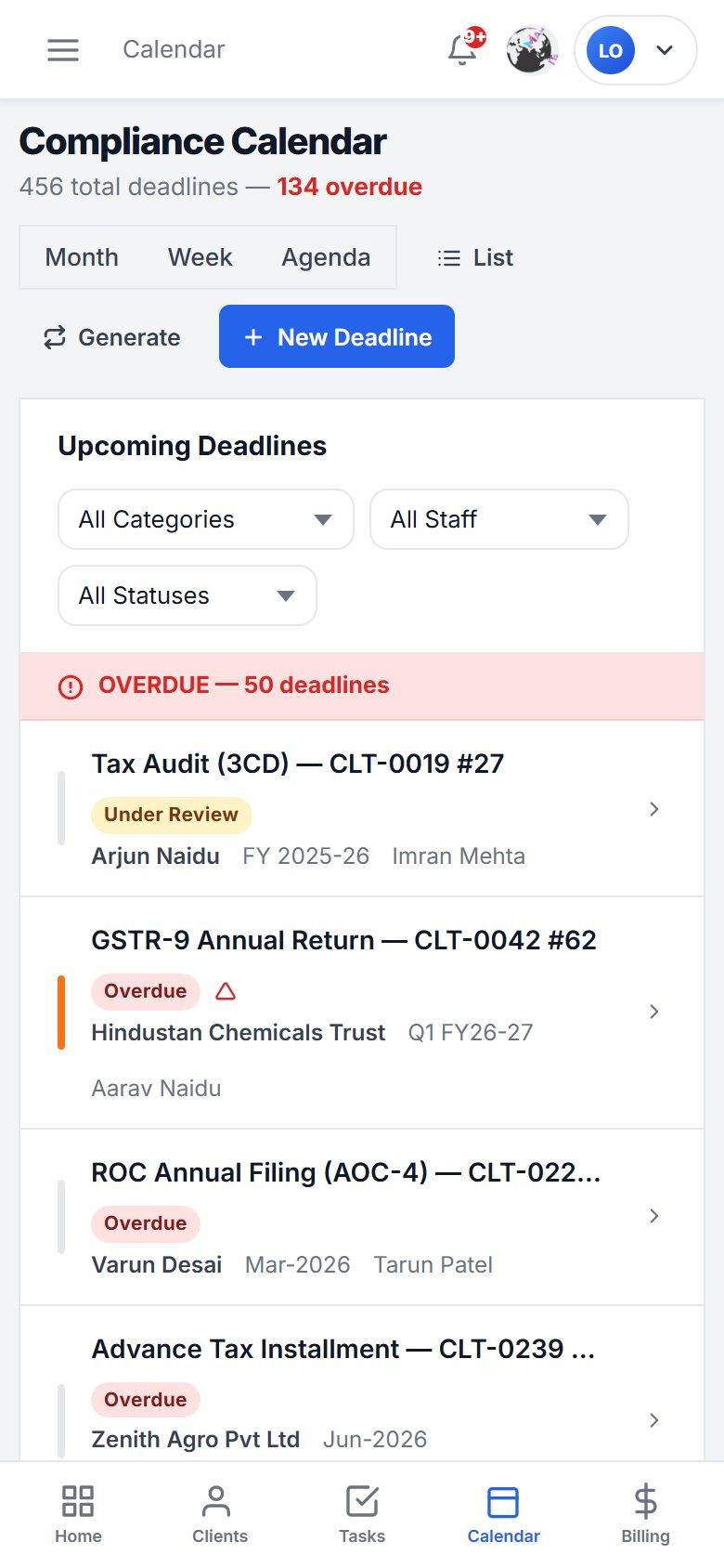 MaMITs CA and CS software mobile app compliance calendar screen on a phone