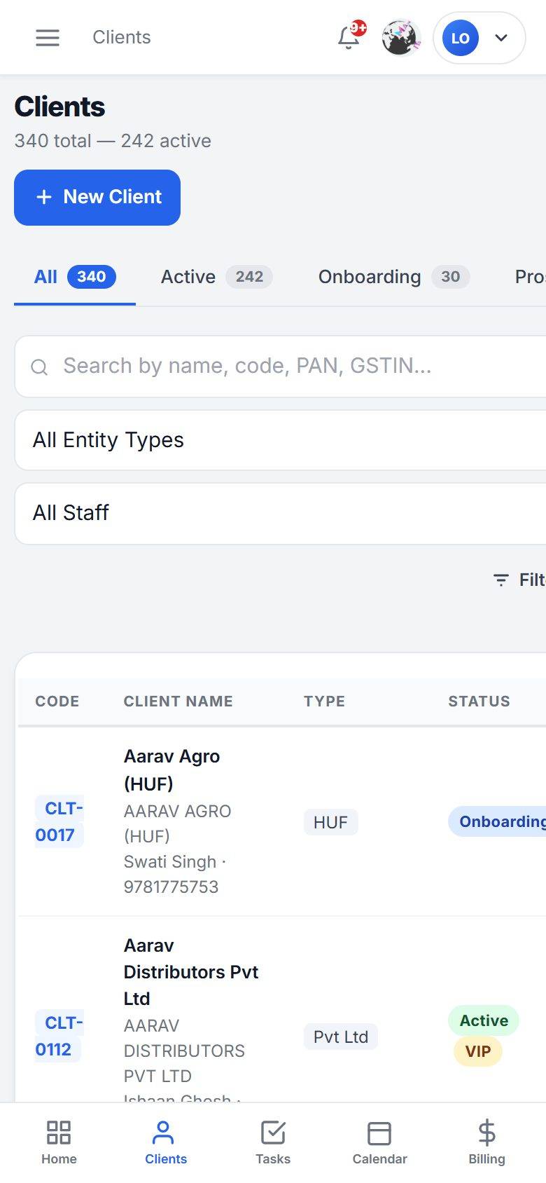 MaMITs CA and CS software mobile app client list screen on a phone