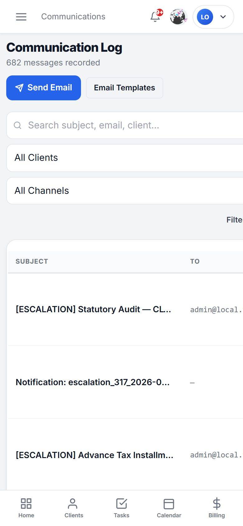 MaMITs CA and CS software mobile app communications and WhatsApp reminders screen on a phone