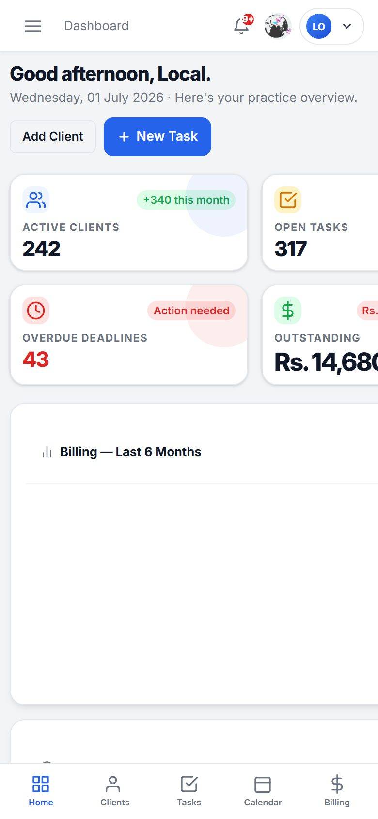 MaMITs CA and CS software mobile app dashboard screen showing active clients, open tasks and overdue deadlines on a phone