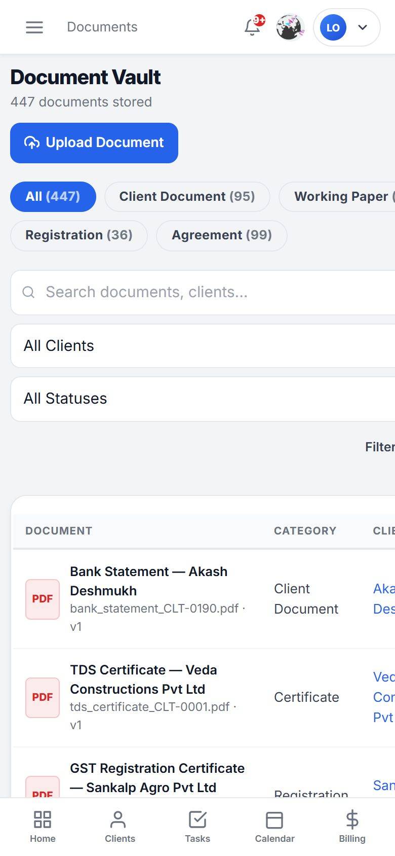 MaMITs CA and CS software mobile app document management screen on a phone