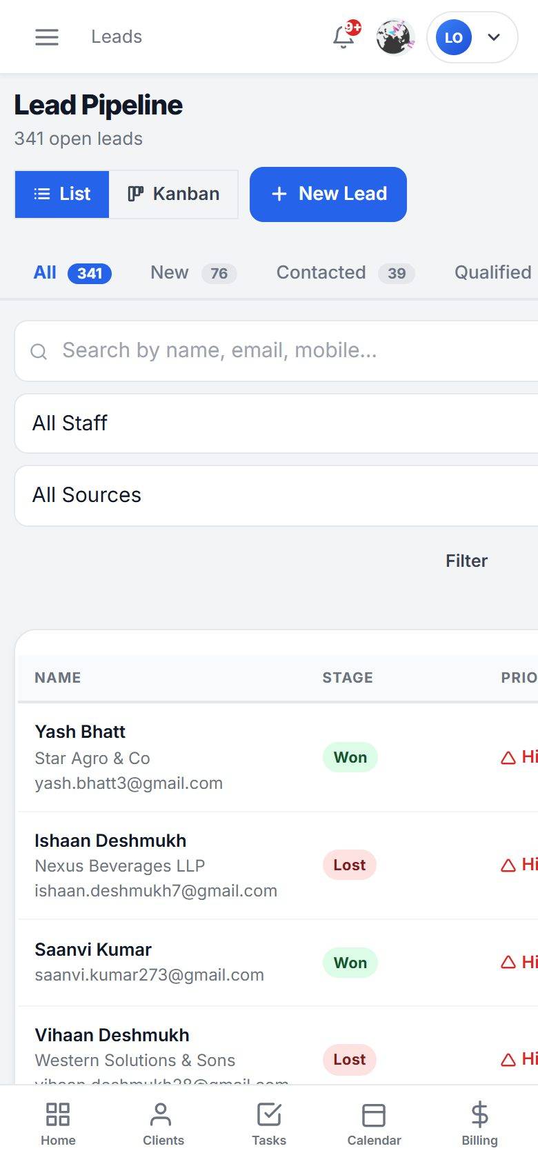 MaMITs CA and CS software mobile app lead pipeline screen on a phone