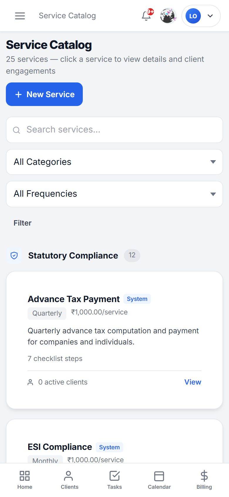 MaMITs CA and CS software mobile app services and engagements screen on a phone