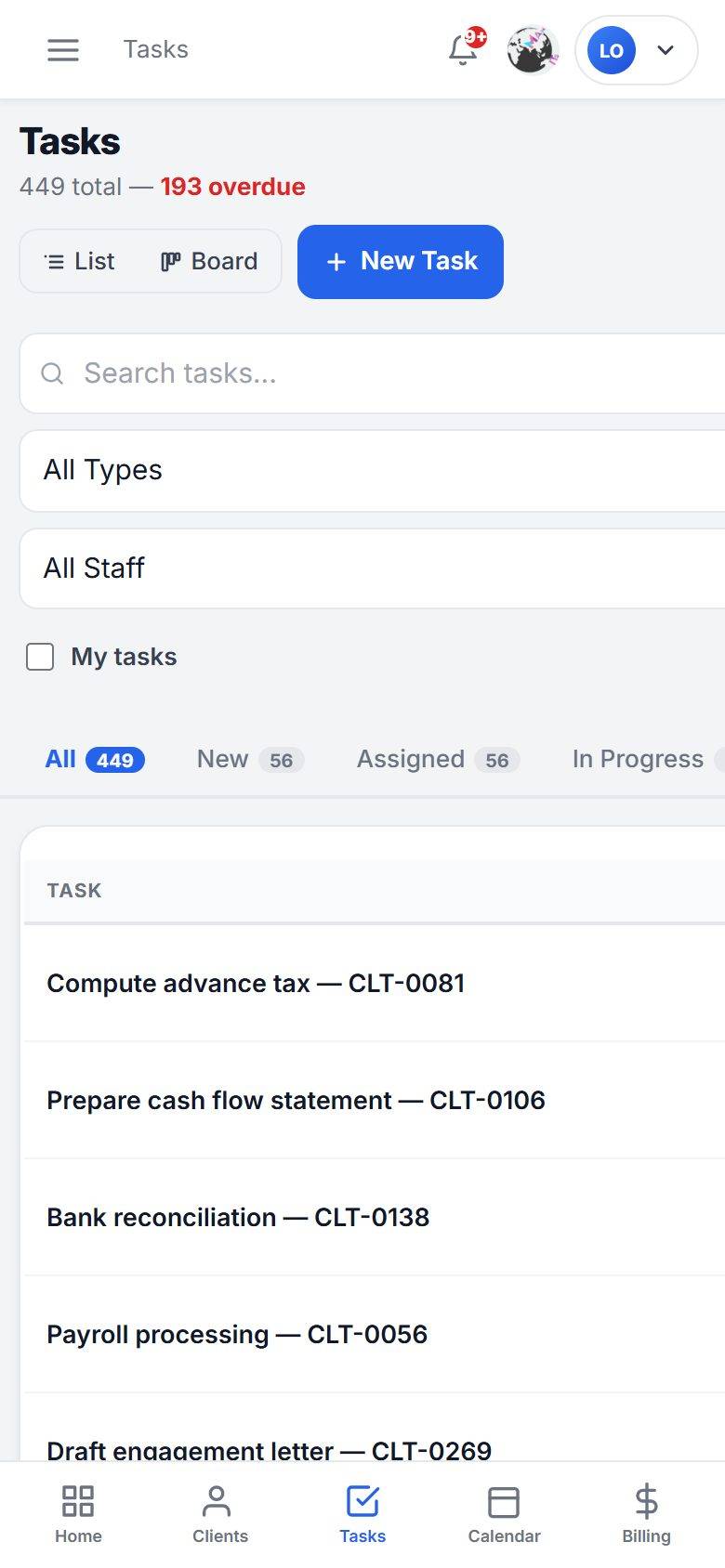 MaMITs CA and CS software mobile app task list screen on a phone