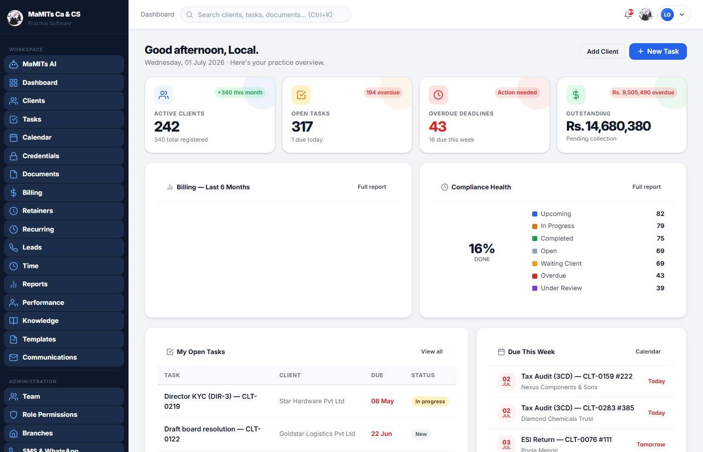 Overview of MaMITs CA and CS software, a single practice management workspace built for Indian chartered accountant and company secretary practices