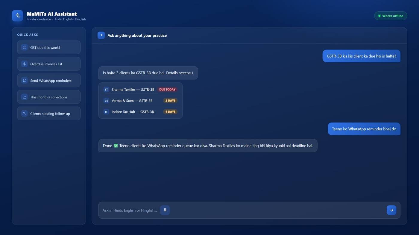 Offline AI assistant for CA and CS practices - MaMITs CA & CS software MaMITs offline AI assistant for CA and CS software answering practice questions in Hindi, English and Hinglish inside the browser