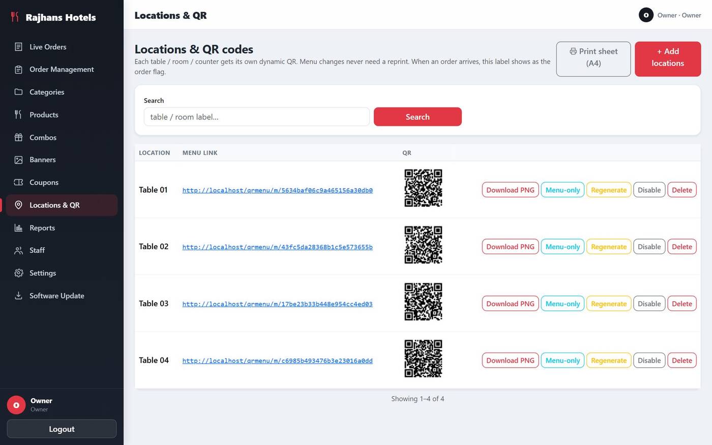 ScanDine dynamic QR code generator for tables, rooms and counters