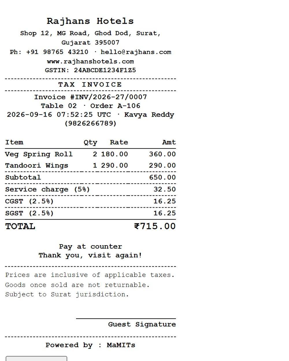 ScanDine GST thermal bill showing the CGST and SGST split