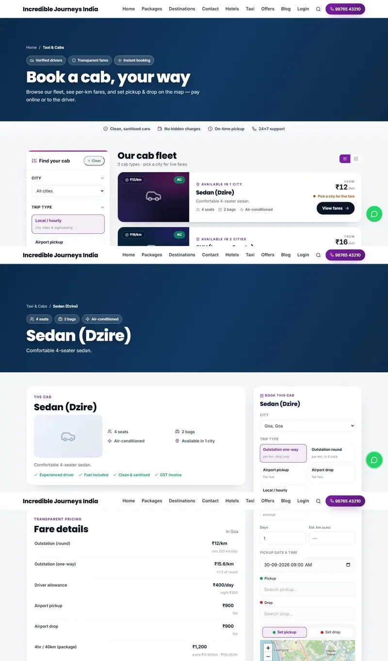 Online cab booking system page with live fares by city and a map to set pickup and drop points