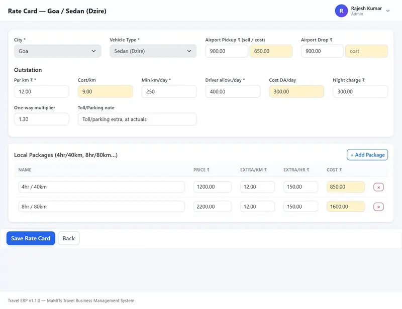 Cab rate card editor in the taxi booking software with airport fares, per-km rate, minimum km per day, driver allowance, one-way multiplier and local packages