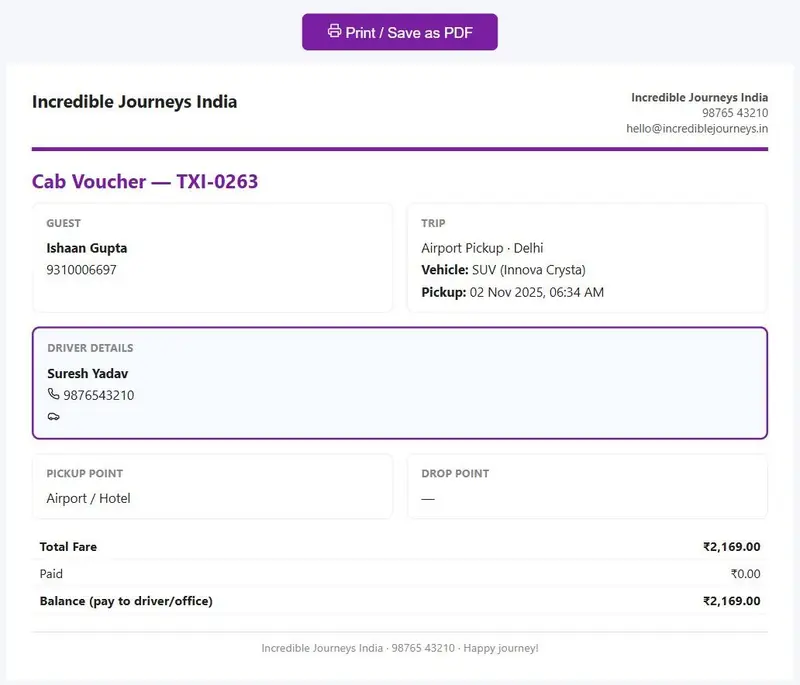 Printable cab voucher with guest, trip, vehicle, driver, pickup and drop points and fare