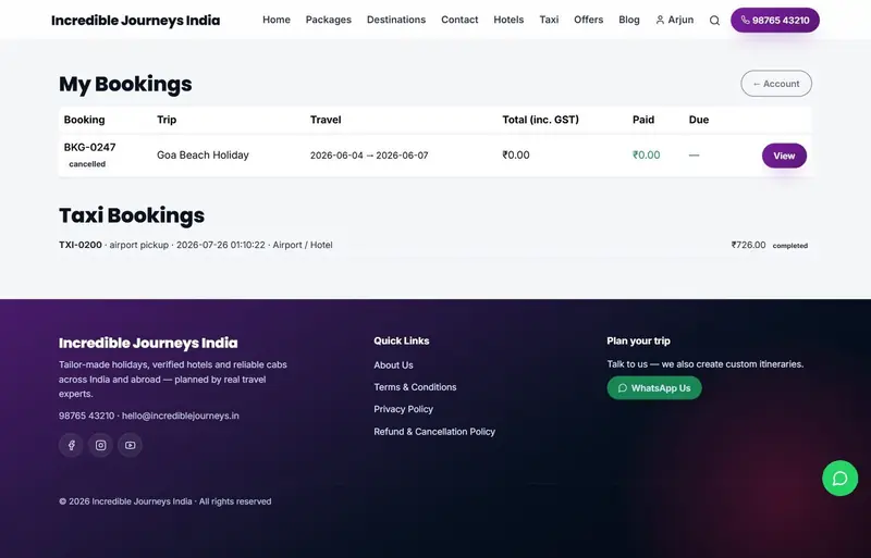 Customer portal booking detail with items, travellers, invoices, payments, paid and balance